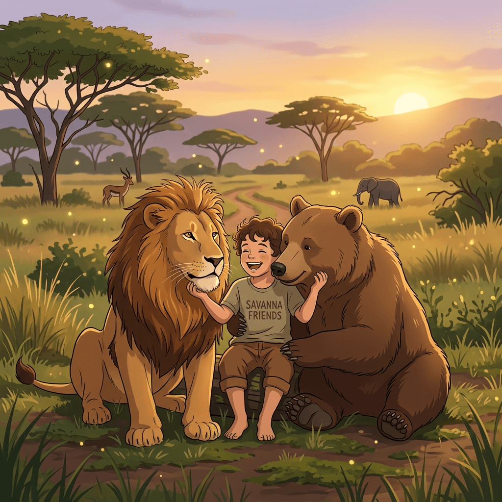 Smiling child sitting between a lion and bear in a savanna